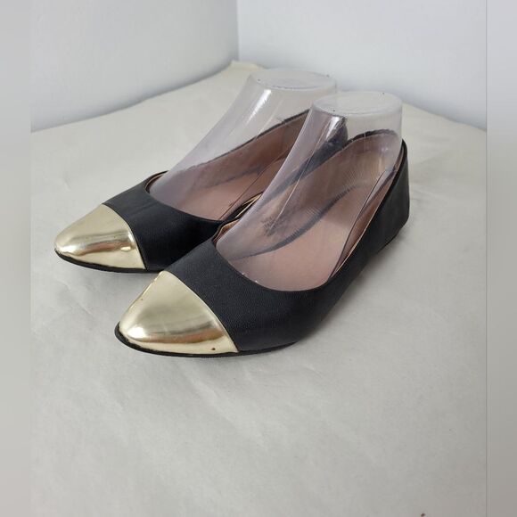 Restricted Leather Ballet Flat Shoes Black Gold Cap Two Tone Formal Slip On 6 - Picture 3 of 10